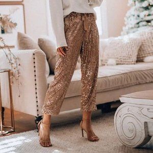 Women Sexy Glitter Sequin Pants High Waist Pant, Rose Gold, Size XL